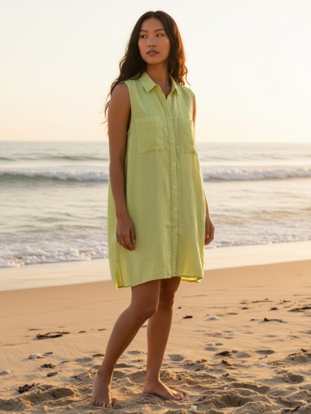 Chicos Sz 2 (Large 12 14) Long Tunic Shirt Top Cover Up LINEN Neon Lime Green